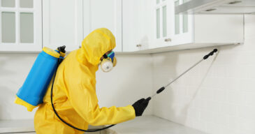 Pest control worker in protective suit spraying insecticide on furniture indoors Pest control worker in protective suit spraying insecticide on furniture indoors